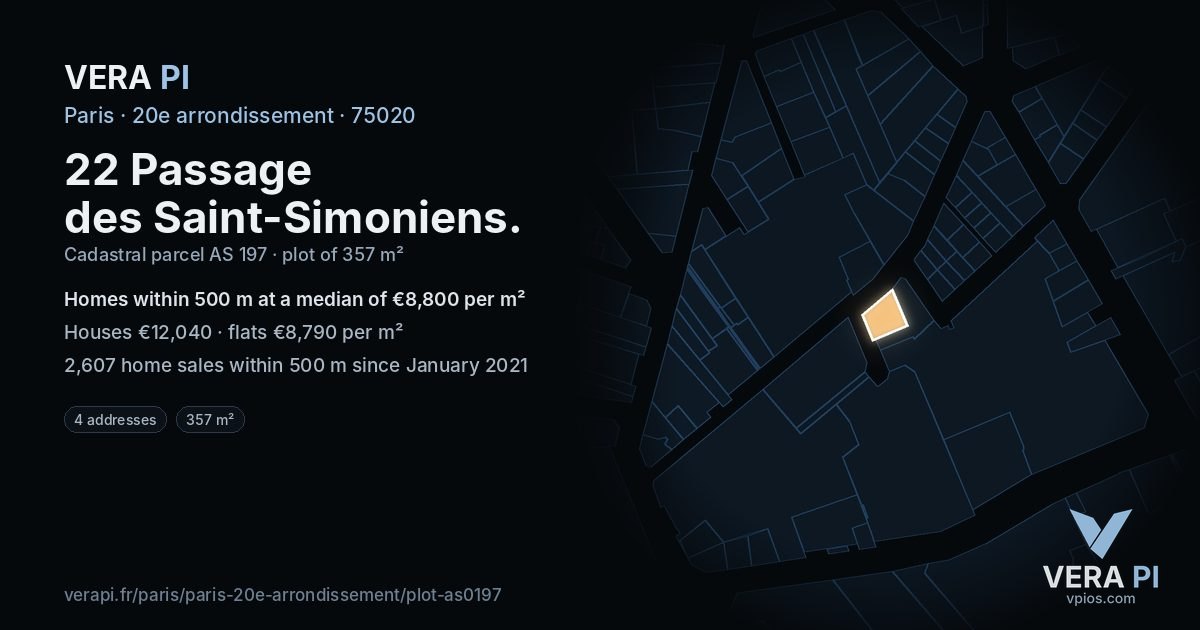 22 Passage des Saint-Simoniens, 20e arrondissement at night – the plot lit, the parcels around coloured by the prices near them