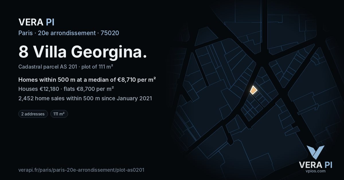 8 Villa Georgina, 20e arrondissement at night – the plot lit, the parcels around coloured by the prices near them