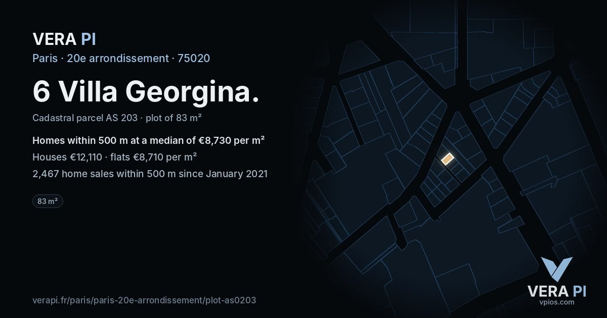 6 Villa Georgina, 20e arrondissement at night – the plot lit, the parcels around coloured by the prices near them