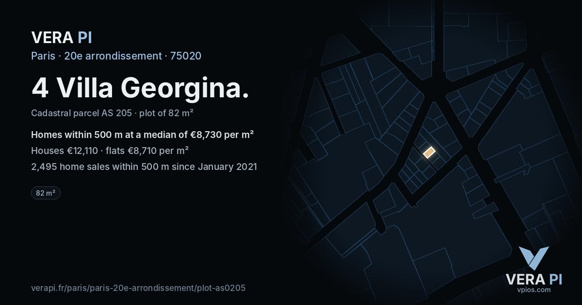 4 Villa Georgina, 20e arrondissement at night – the plot lit, the parcels around coloured by the prices near them