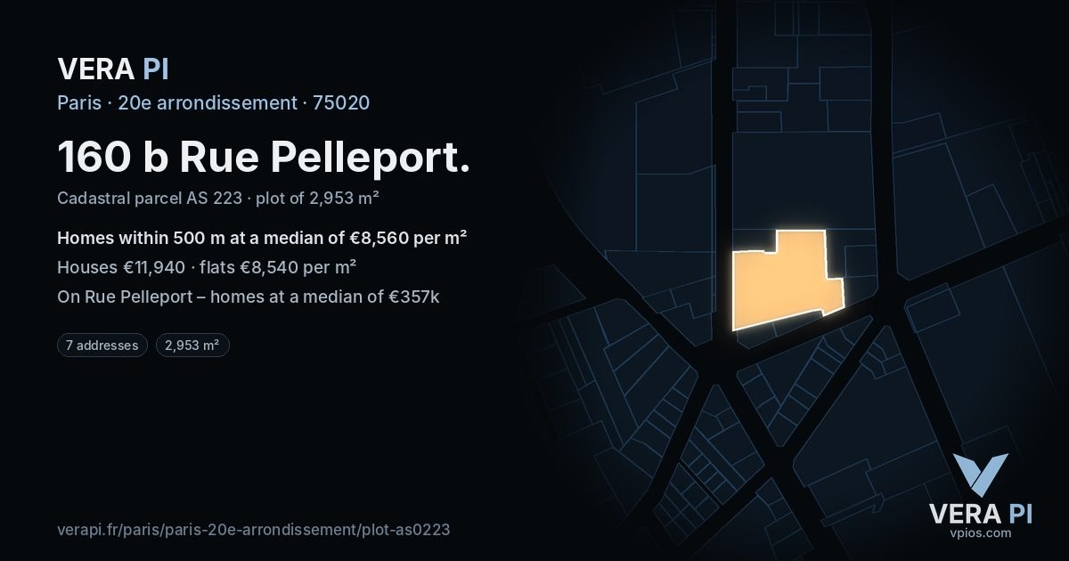 160 b Rue Pelleport, 20e arrondissement at night – the plot lit, the parcels around coloured by the prices near them