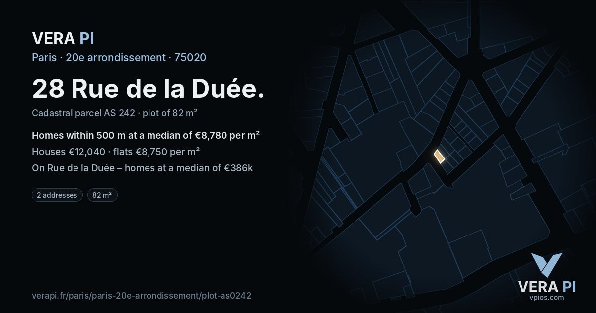 28 Rue de la Duée, 20e arrondissement at night – the plot lit, the parcels around coloured by the prices near them