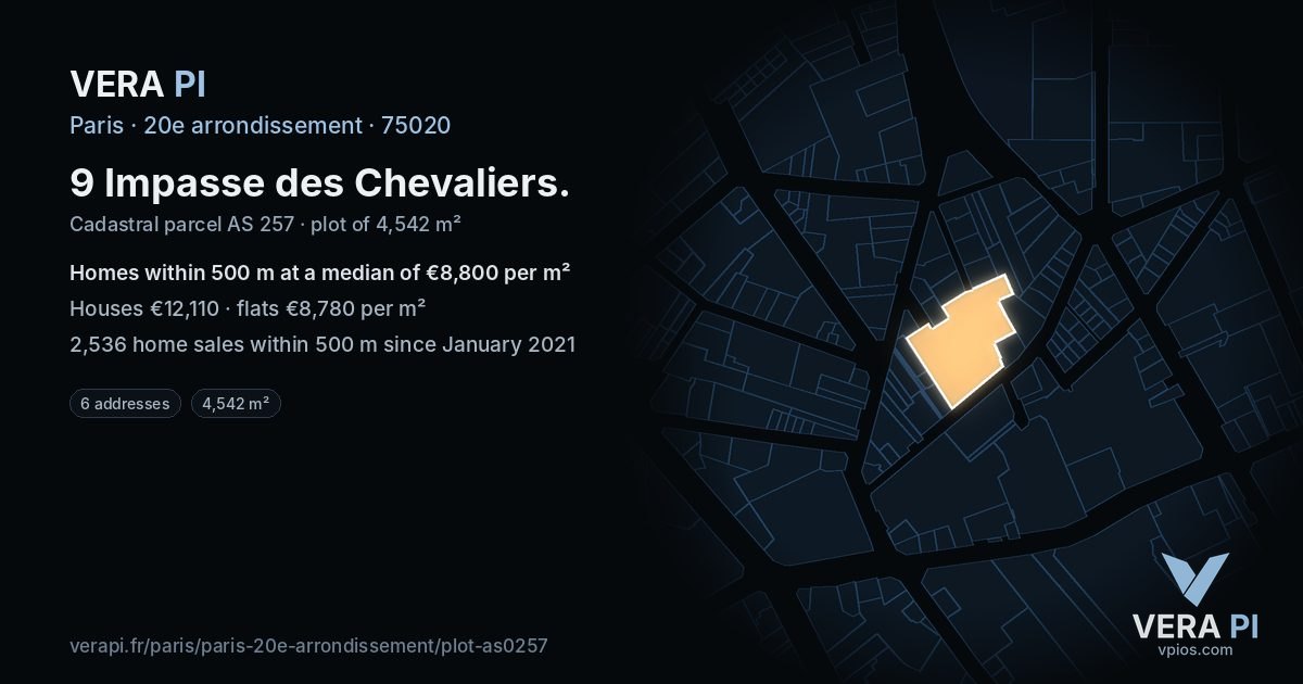 9 Impasse des Chevaliers, 20e arrondissement at night – the plot lit, the parcels around coloured by the prices near them