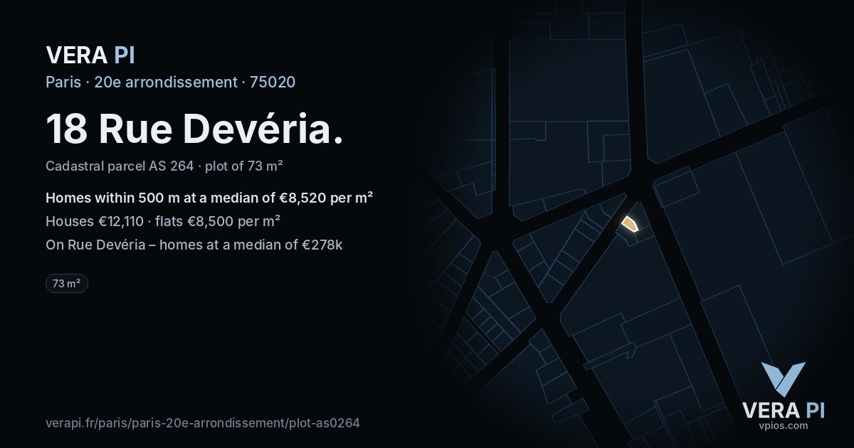 18 Rue Devéria, 20e arrondissement at night – the plot lit, the parcels around coloured by the prices near them