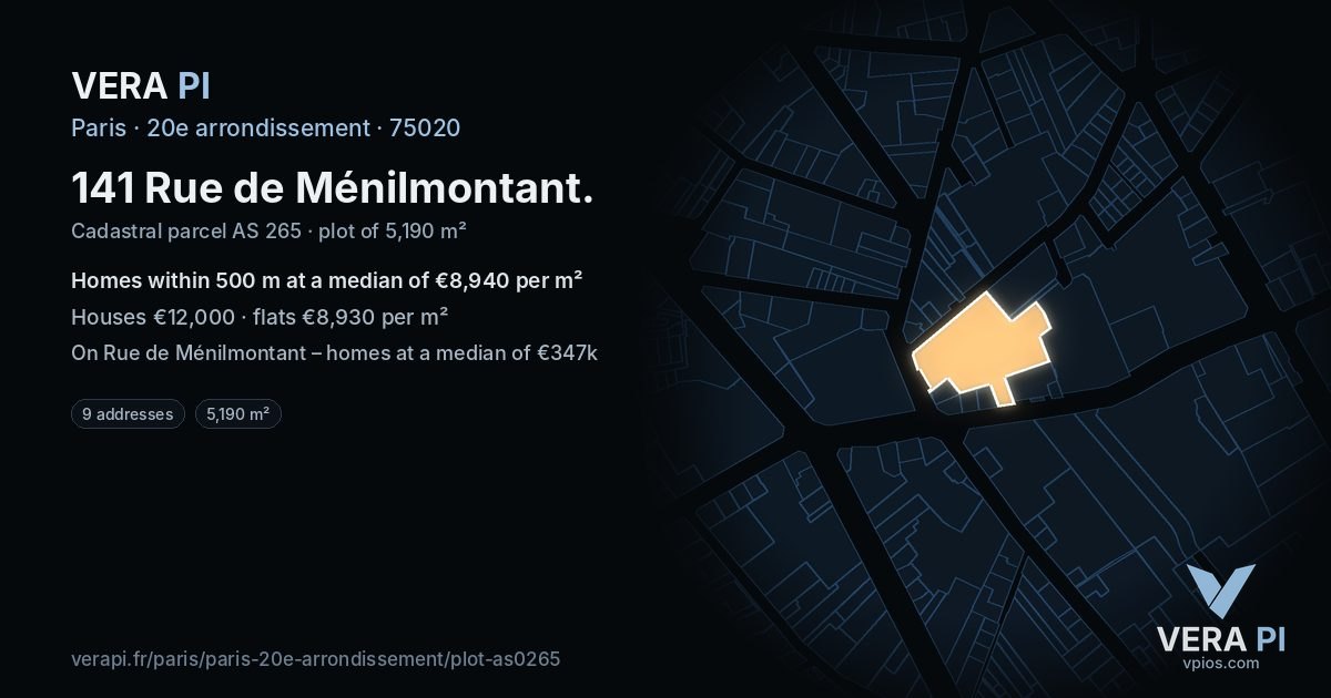 141 Rue de Ménilmontant, 20e arrondissement at night – the plot lit, the parcels around coloured by the prices near them