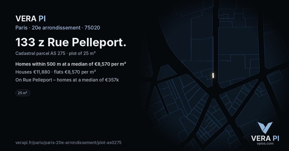 133 z Rue Pelleport, 20e arrondissement at night – the plot lit, the parcels around coloured by the prices near them