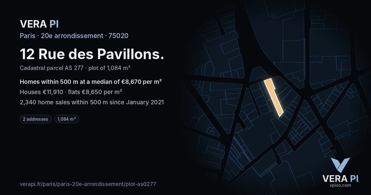12 Rue des Pavillons, 20e arrondissement at night – the plot lit, the parcels around coloured by the prices near them