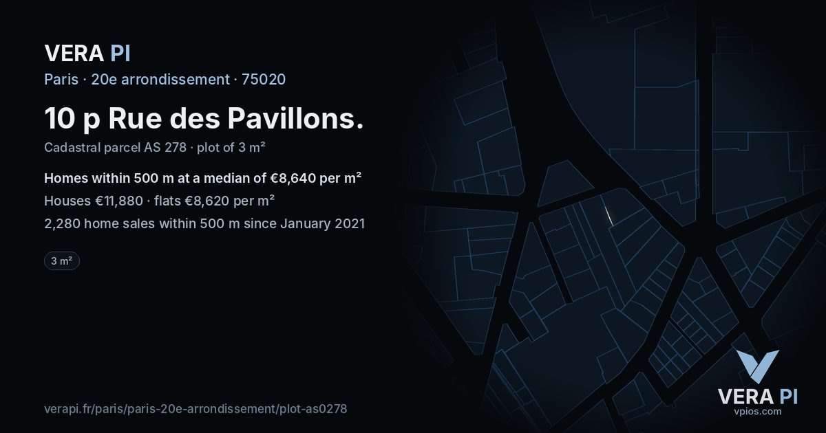 10 p Rue des Pavillons, 20e arrondissement at night – the plot lit, the parcels around coloured by the prices near them