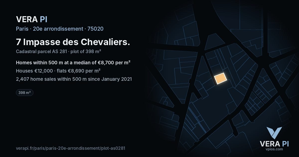 7 Impasse des Chevaliers, 20e arrondissement at night – the plot lit, the parcels around coloured by the prices near them