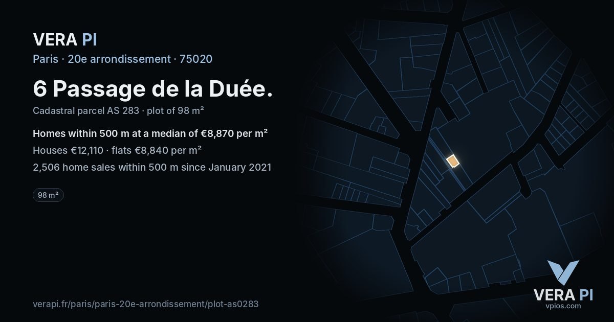 6 Passage de la Duée, 20e arrondissement at night – the plot lit, the parcels around coloured by the prices near them