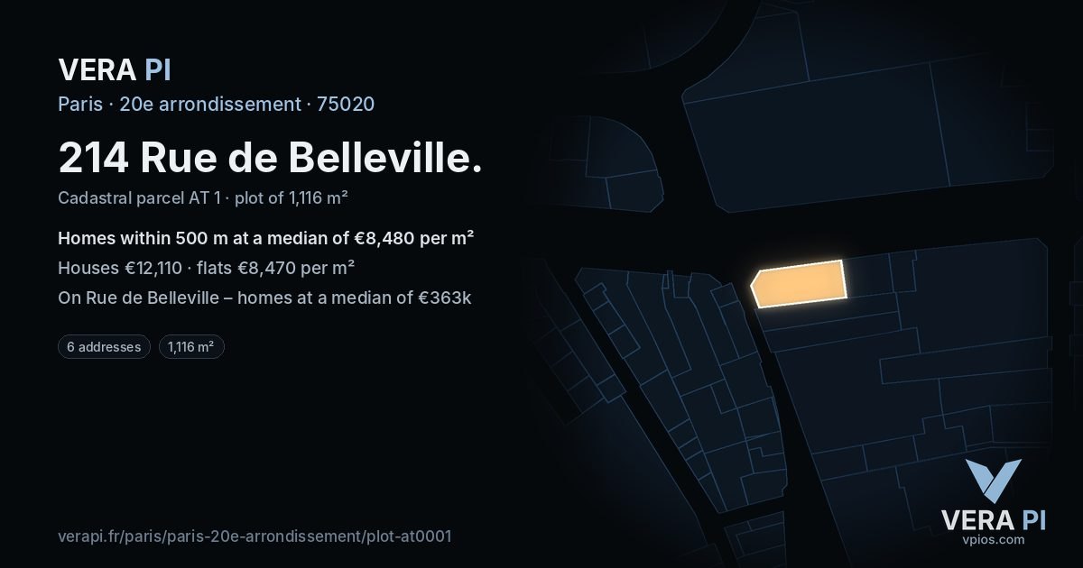 214 Rue de Belleville, 20e arrondissement at night – the plot lit, the parcels around coloured by the prices near them