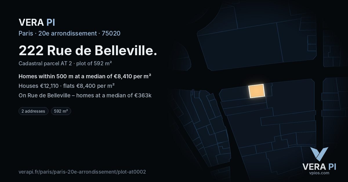 222 Rue de Belleville, 20e arrondissement at night – the plot lit, the parcels around coloured by the prices near them