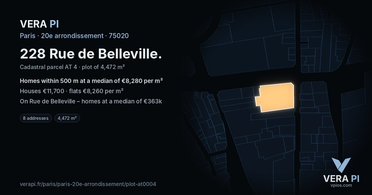 228 Rue de Belleville, 20e arrondissement at night – the plot lit, the parcels around coloured by the prices near them
