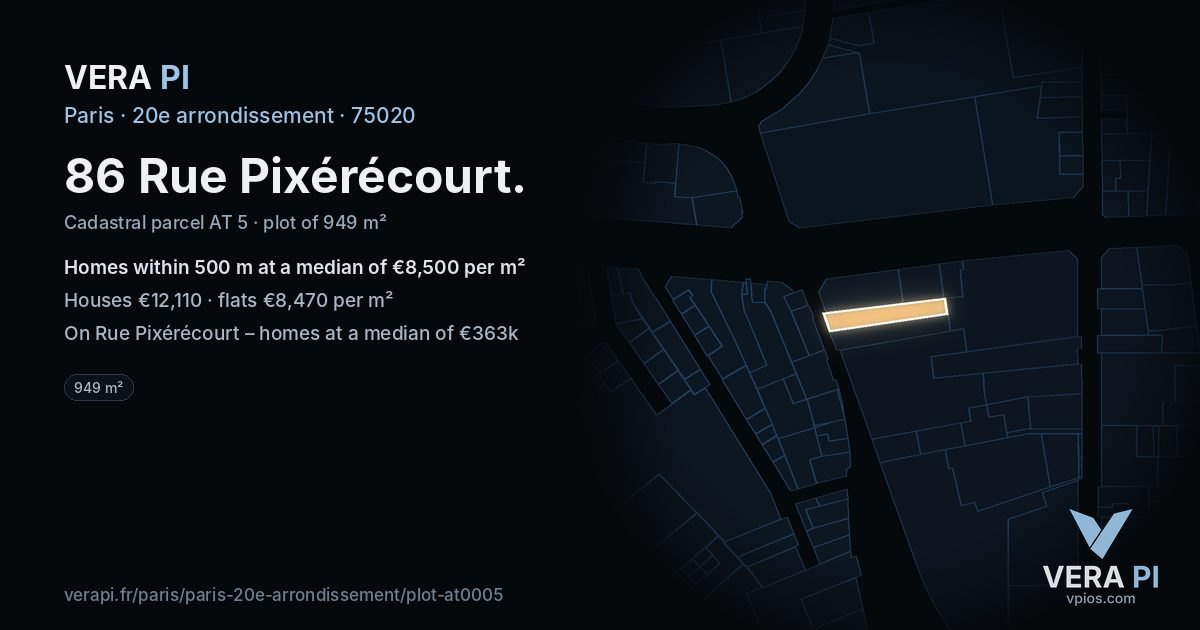 86 Rue Pixérécourt, 20e arrondissement at night – the plot lit, the parcels around coloured by the prices near them