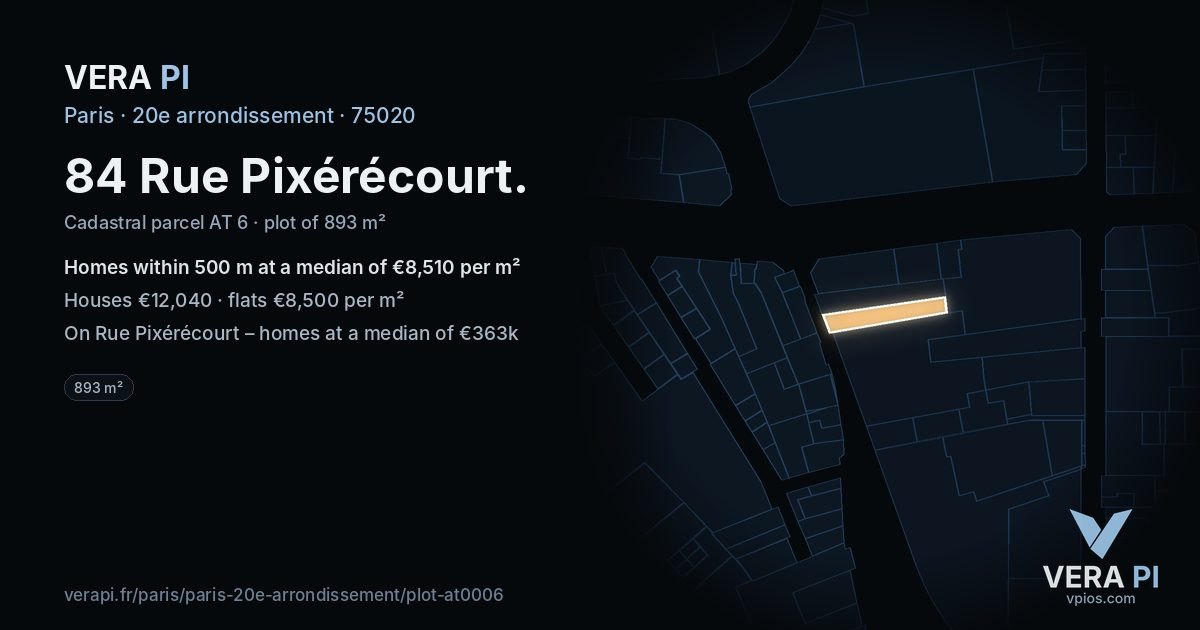 84 Rue Pixérécourt, 20e arrondissement at night – the plot lit, the parcels around coloured by the prices near them