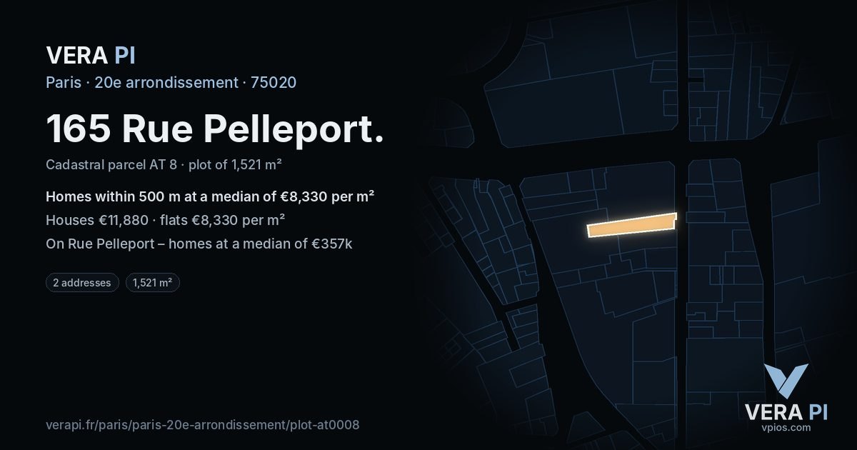165 Rue Pelleport, 20e arrondissement at night – the plot lit, the parcels around coloured by the prices near them