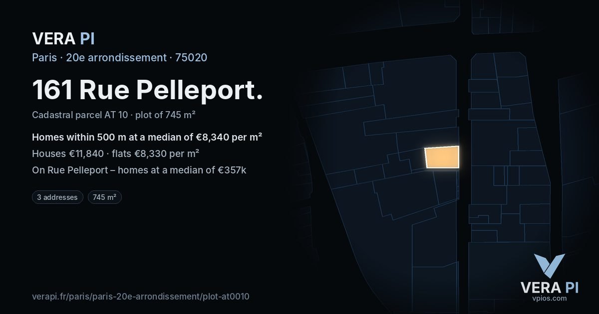 161 Rue Pelleport, 20e arrondissement at night – the plot lit, the parcels around coloured by the prices near them