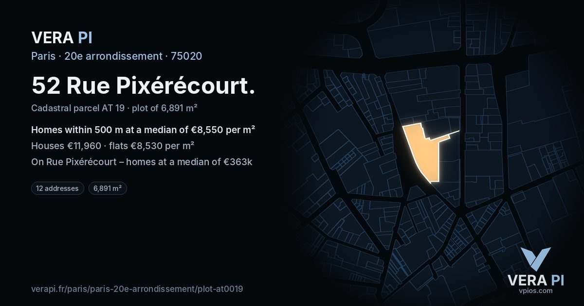 52 Rue Pixérécourt, 20e arrondissement at night – the plot lit, the parcels around coloured by the prices near them