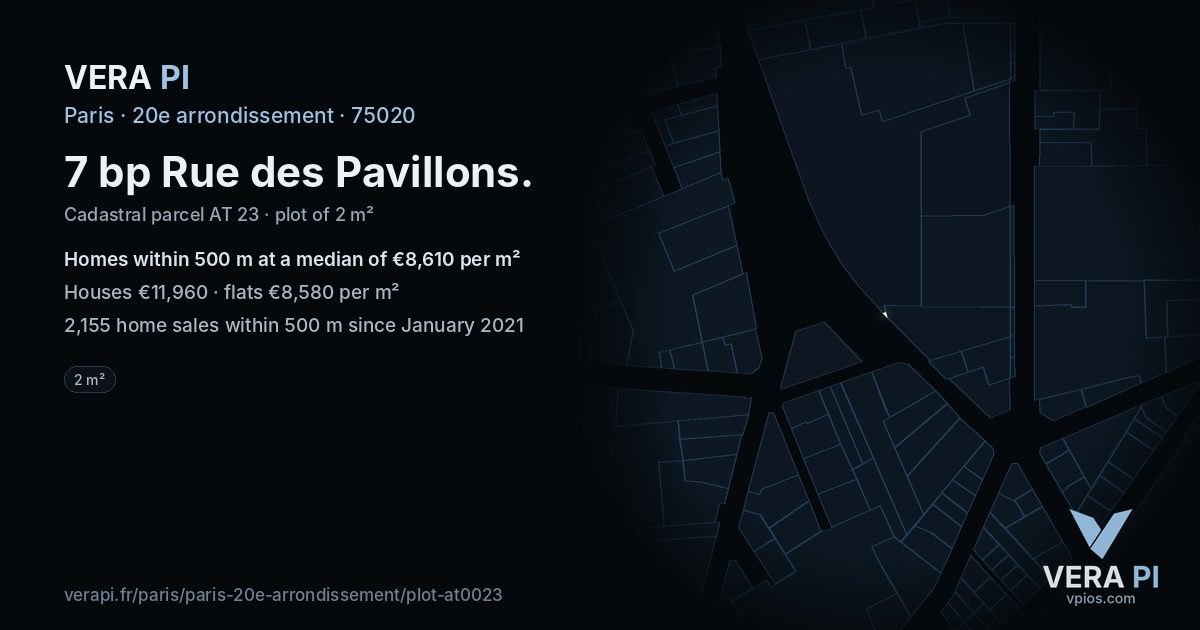 7 bp Rue des Pavillons, 20e arrondissement at night – the plot lit, the parcels around coloured by the prices near them
