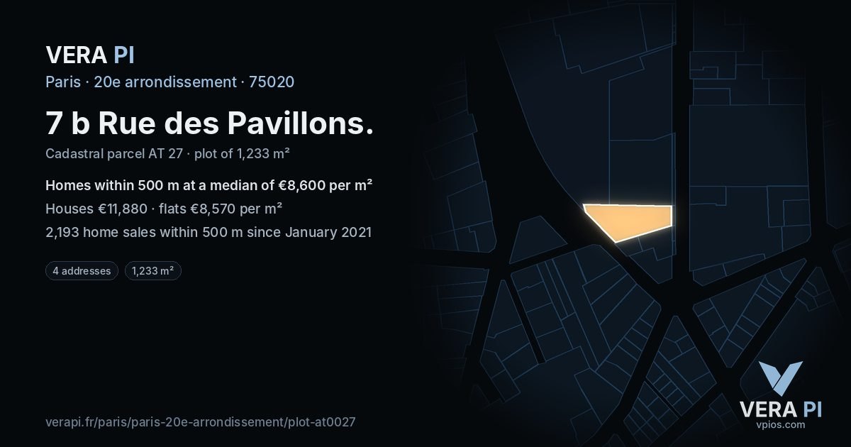 7 b Rue des Pavillons, 20e arrondissement at night – the plot lit, the parcels around coloured by the prices near them