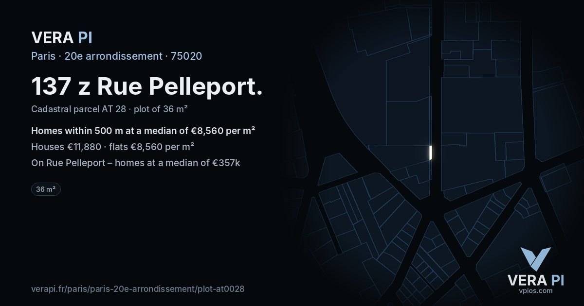 137 z Rue Pelleport, 20e arrondissement at night – the plot lit, the parcels around coloured by the prices near them