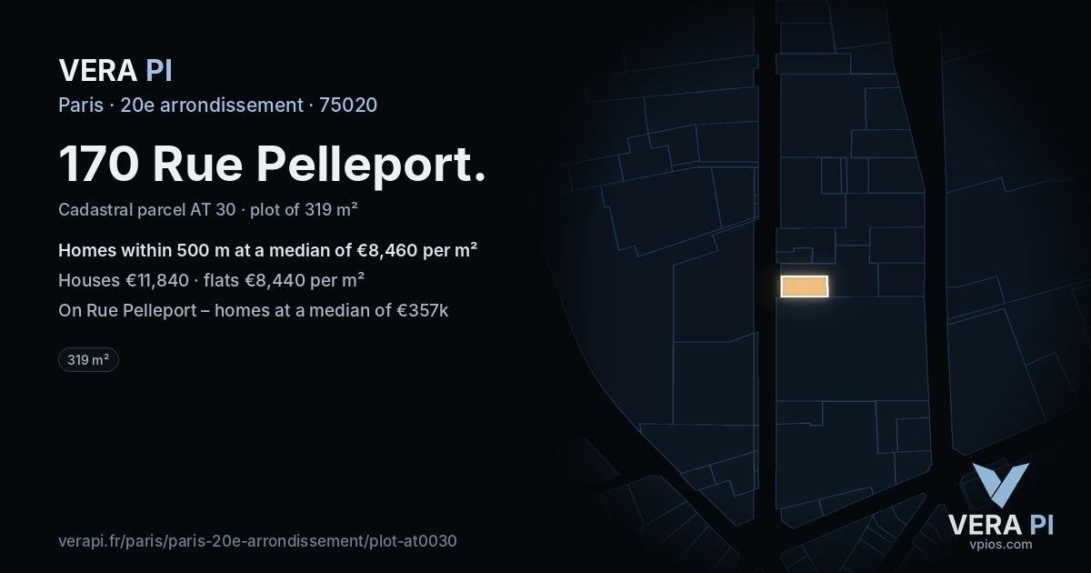 170 Rue Pelleport, 20e arrondissement at night – the plot lit, the parcels around coloured by the prices near them