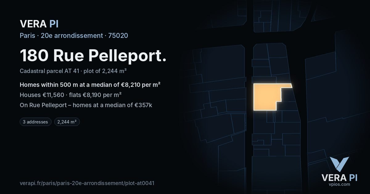 180 Rue Pelleport, 20e arrondissement at night – the plot lit, the parcels around coloured by the prices near them