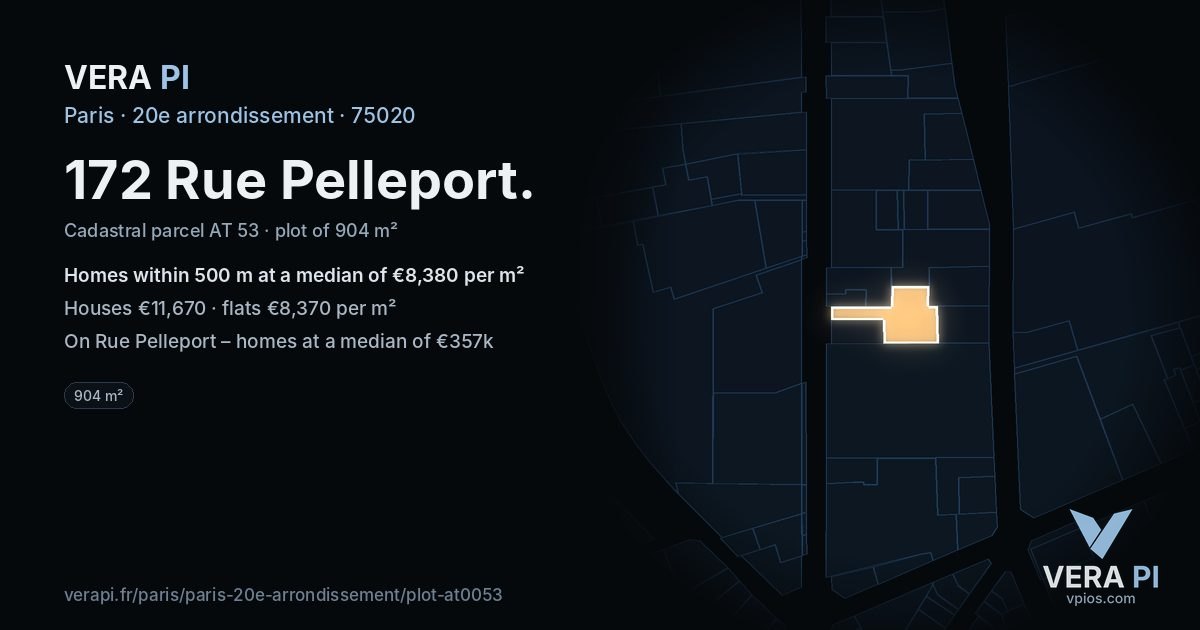172 Rue Pelleport, 20e arrondissement at night – the plot lit, the parcels around coloured by the prices near them