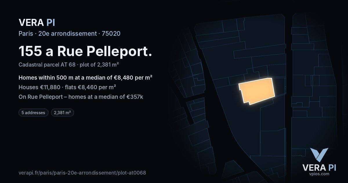 155 a Rue Pelleport, 20e arrondissement at night – the plot lit, the parcels around coloured by the prices near them
