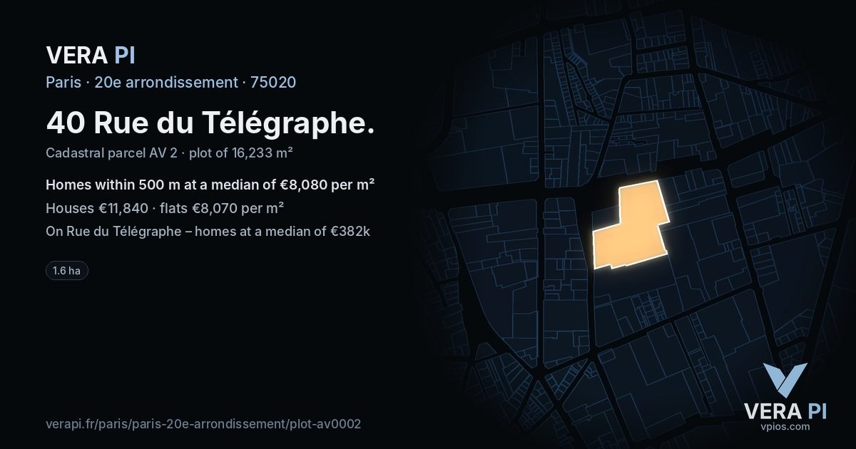 40 Rue du Télégraphe, 20e arrondissement at night – the plot lit, the parcels around coloured by the prices near them