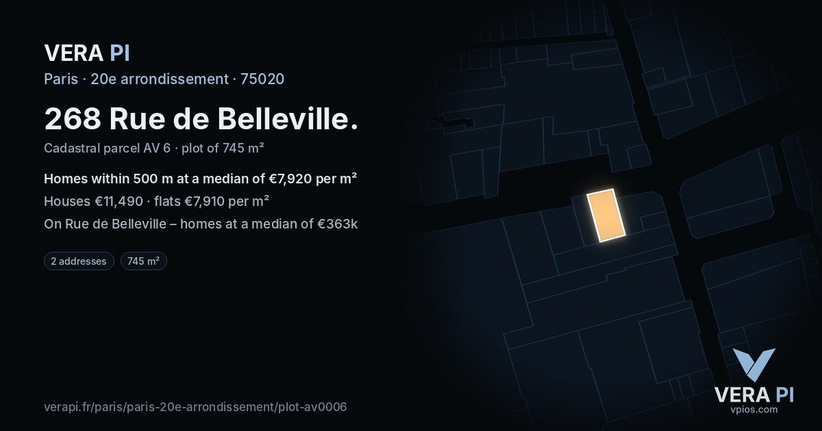268 Rue de Belleville, 20e arrondissement at night – the plot lit, the parcels around coloured by the prices near them