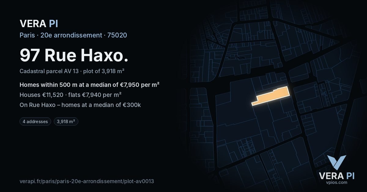 97 Rue Haxo, 20e arrondissement at night – the plot lit, the parcels around coloured by the prices near them