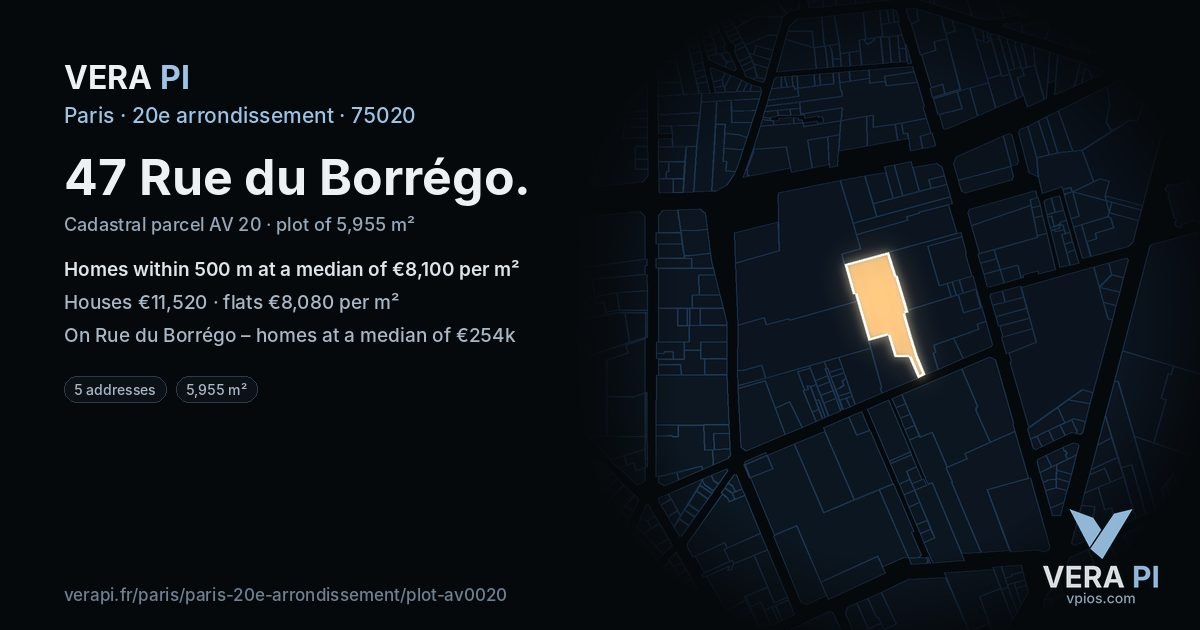 47 Rue du Borrégo, 20e arrondissement at night – the plot lit, the parcels around coloured by the prices near them