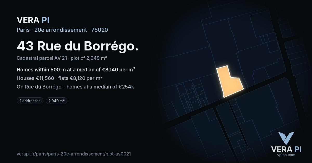 43 Rue du Borrégo, 20e arrondissement at night – the plot lit, the parcels around coloured by the prices near them