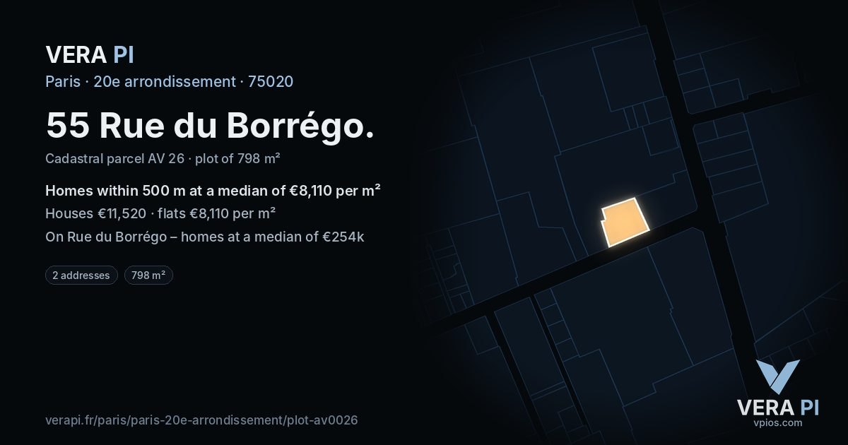 55 Rue du Borrégo, 20e arrondissement at night – the plot lit, the parcels around coloured by the prices near them