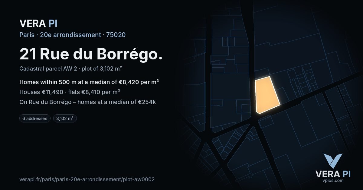 21 Rue du Borrégo, 20e arrondissement at night – the plot lit, the parcels around coloured by the prices near them