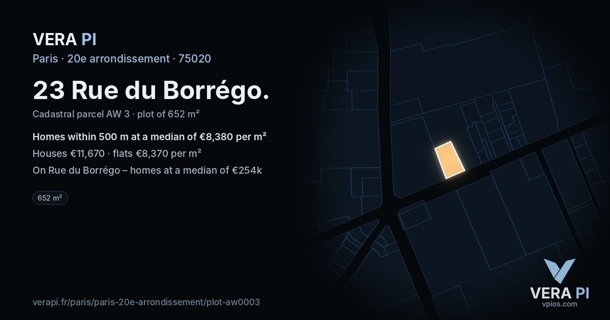 23 Rue du Borrégo, 20e arrondissement at night – the plot lit, the parcels around coloured by the prices near them