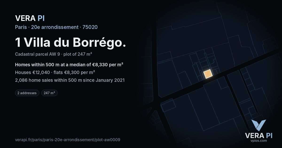 1 Villa du Borrégo, 20e arrondissement at night – the plot lit, the parcels around coloured by the prices near them