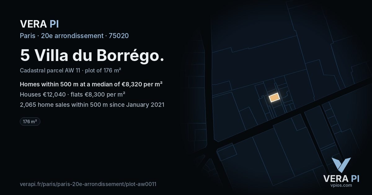 5 Villa du Borrégo, 20e arrondissement at night – the plot lit, the parcels around coloured by the prices near them