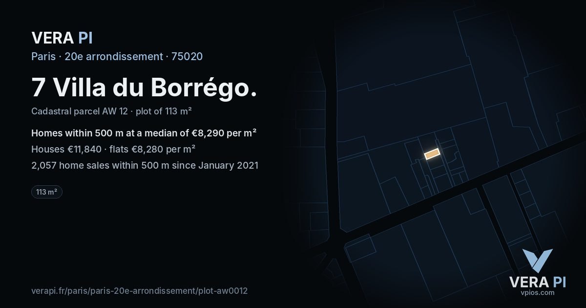 7 Villa du Borrégo, 20e arrondissement at night – the plot lit, the parcels around coloured by the prices near them