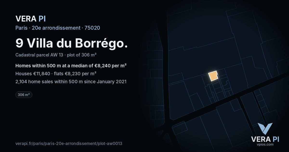 9 Villa du Borrégo, 20e arrondissement at night – the plot lit, the parcels around coloured by the prices near them