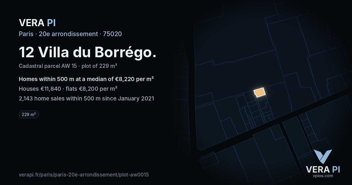 12 Villa du Borrégo, 20e arrondissement at night – the plot lit, the parcels around coloured by the prices near them