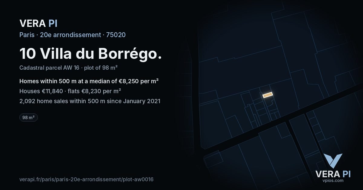 10 Villa du Borrégo, 20e arrondissement at night – the plot lit, the parcels around coloured by the prices near them