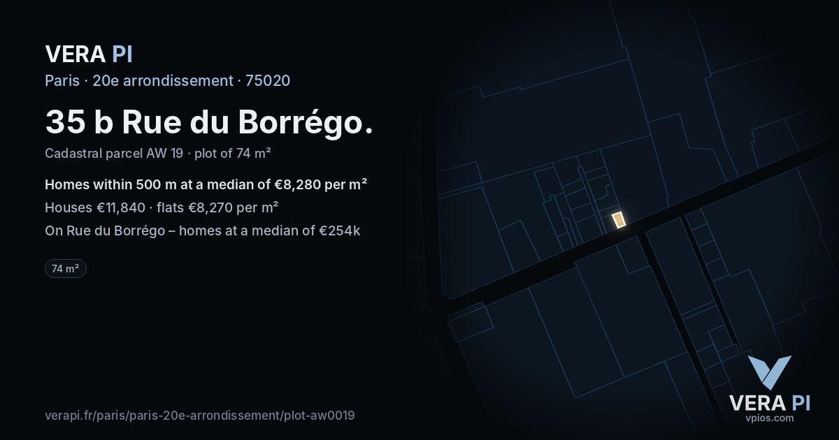 35 b Rue du Borrégo, 20e arrondissement at night – the plot lit, the parcels around coloured by the prices near them