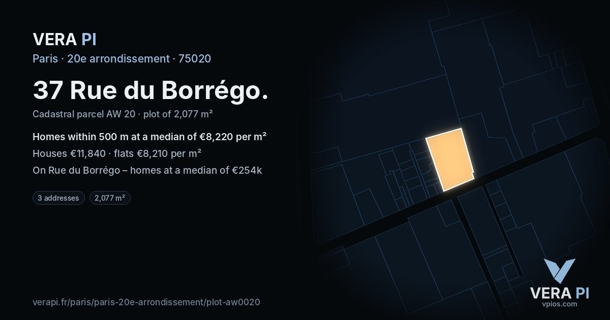 37 Rue du Borrégo, 20e arrondissement at night – the plot lit, the parcels around coloured by the prices near them
