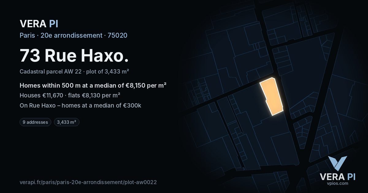 73 Rue Haxo, 20e arrondissement at night – the plot lit, the parcels around coloured by the prices near them