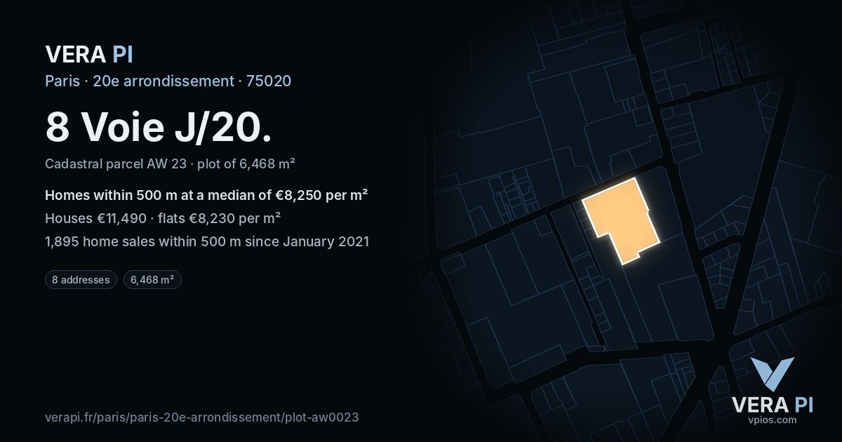 8 Voie J/20, 20e arrondissement at night – the plot lit, the parcels around coloured by the prices near them