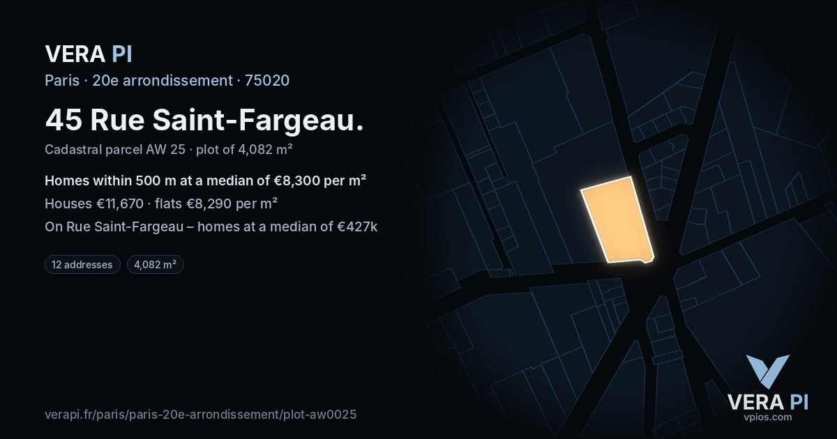 45 Rue Saint-Fargeau, 20e arrondissement at night – the plot lit, the parcels around coloured by the prices near them