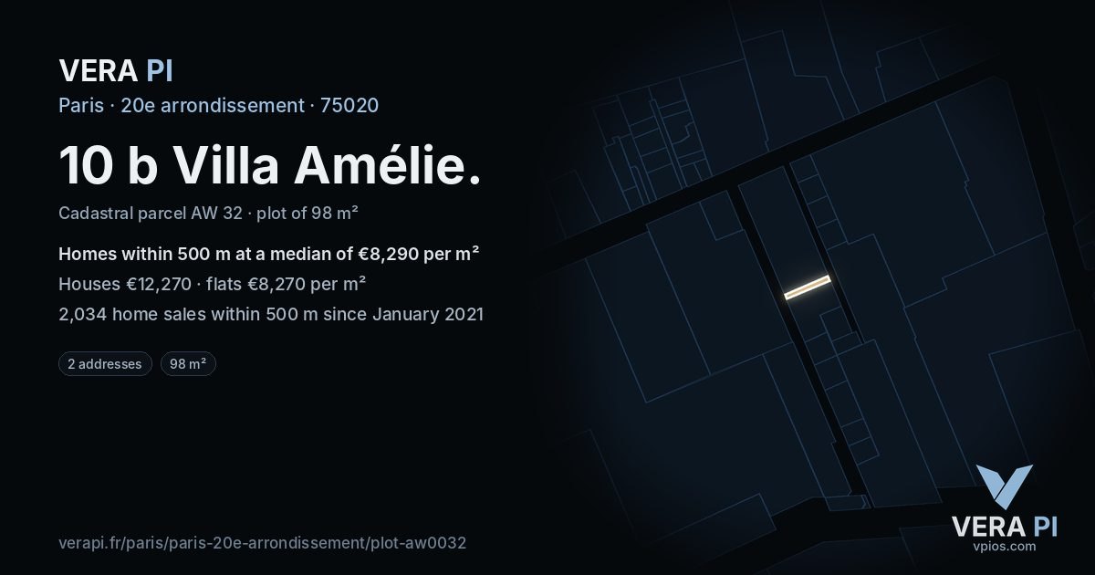 10 b Villa Amélie, 20e arrondissement at night – the plot lit, the parcels around coloured by the prices near them