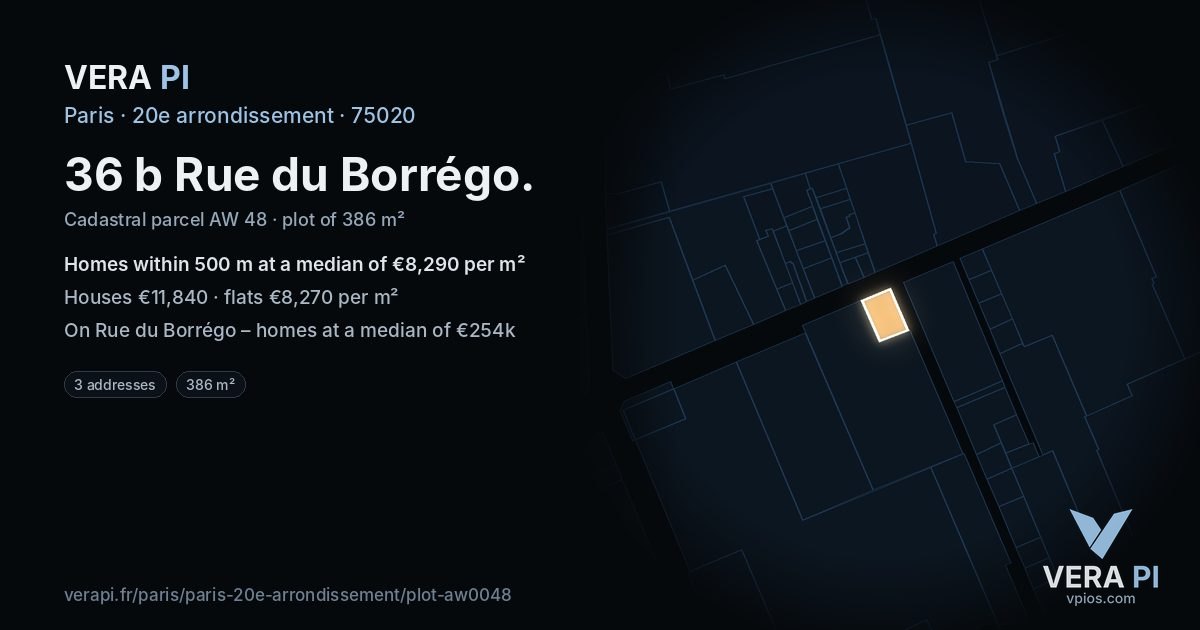 36 b Rue du Borrégo, 20e arrondissement at night – the plot lit, the parcels around coloured by the prices near them
